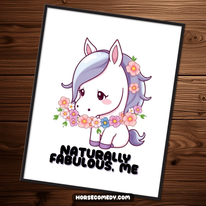 Funny Horse Flower Garland Poster depicting a horse gently nuzzling a flower garland, adding a sense of peace, elegance, and natural beauty to decor.