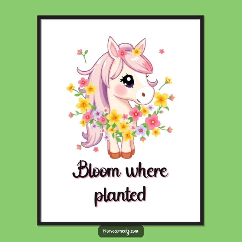 Funny Horse Flower Garland Poster - Whimsical Equine Floral Wall Art