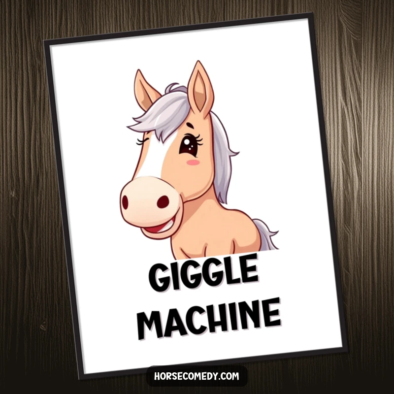 Funny horse poster, horse with enormous floppy ears, giggling joyfully, creating a cheerful and humorous wall decor piece.