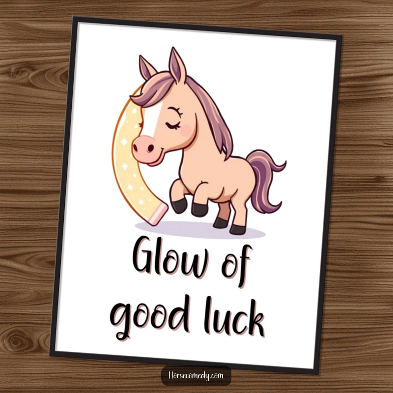Funny poster art of a playful horse character nudging a giant, glowing horseshoe with its nose, radiating luck and whimsical humor.