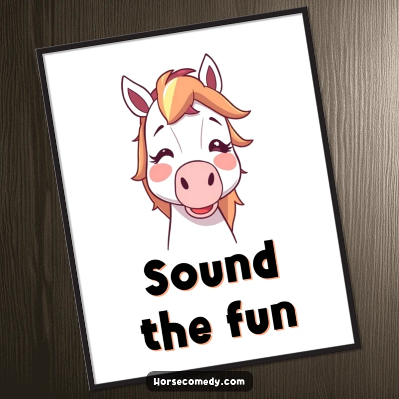 Funny horse character cartoon blush, blowing a party noisemaker with glee, hilarious wall art, perfect funny gift.