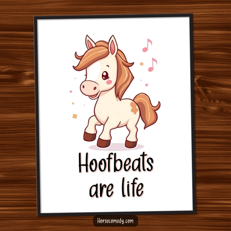 Funny poster art of a horse neighing cheerfully, its hooves tapping a rhythmic beat to unseen music, for wall decor.