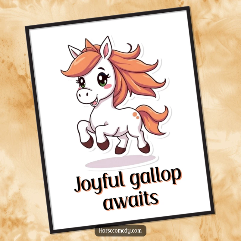 Funny horse poster showing a joyful horse with a flowing mane, prancing with a big smile, radiating unbridled happiness.