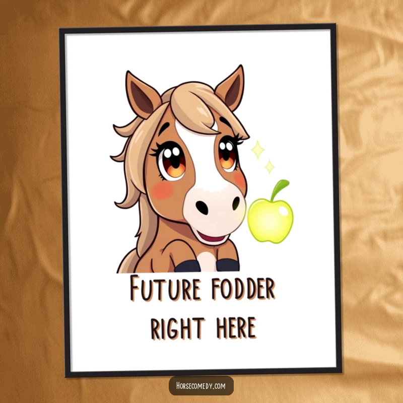 Funny poster showing a horse with wide, amazed eyes staring in disbelief at a shimmering, magical apple's appearance.