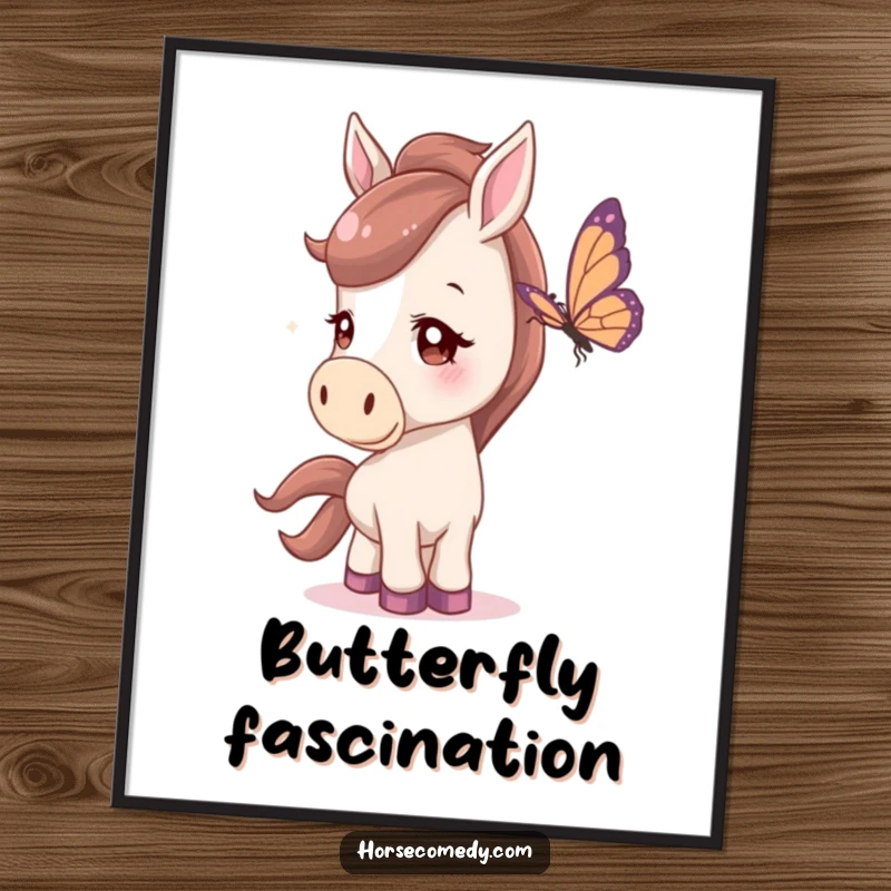 Funny Poster of a horse with a curious head tilt, gently watching a butterfly, exuding quiet fascination.