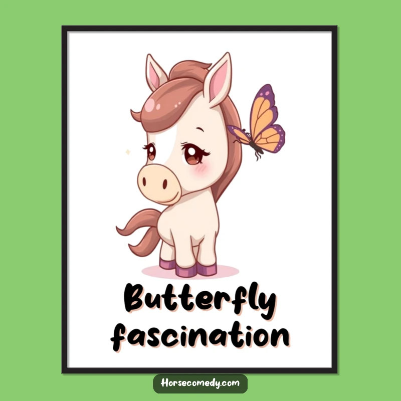 Funny Horse Poster: Whimsical wall art of a horse watching a butterfly, a hilariously charming piece for any room and a great gift.