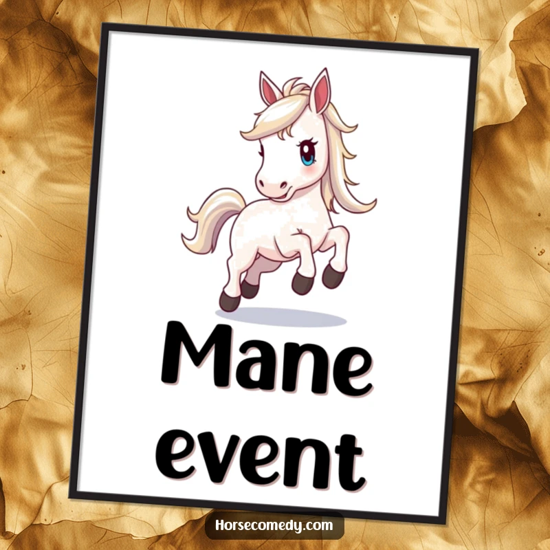 Funny horse poster, horse with a brilliant shimmering mane, prancing with palpable excitement, creating a radiant and energetic wall decor.