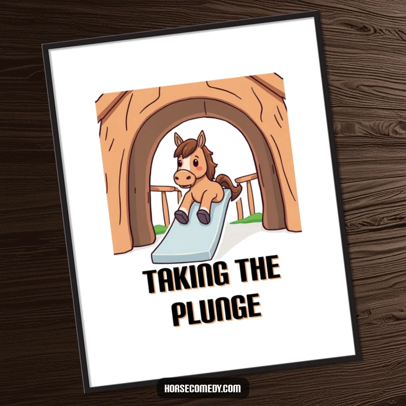 Funny poster print of a happy horse gracefully sliding down a massive, arched slide with a look of delight.