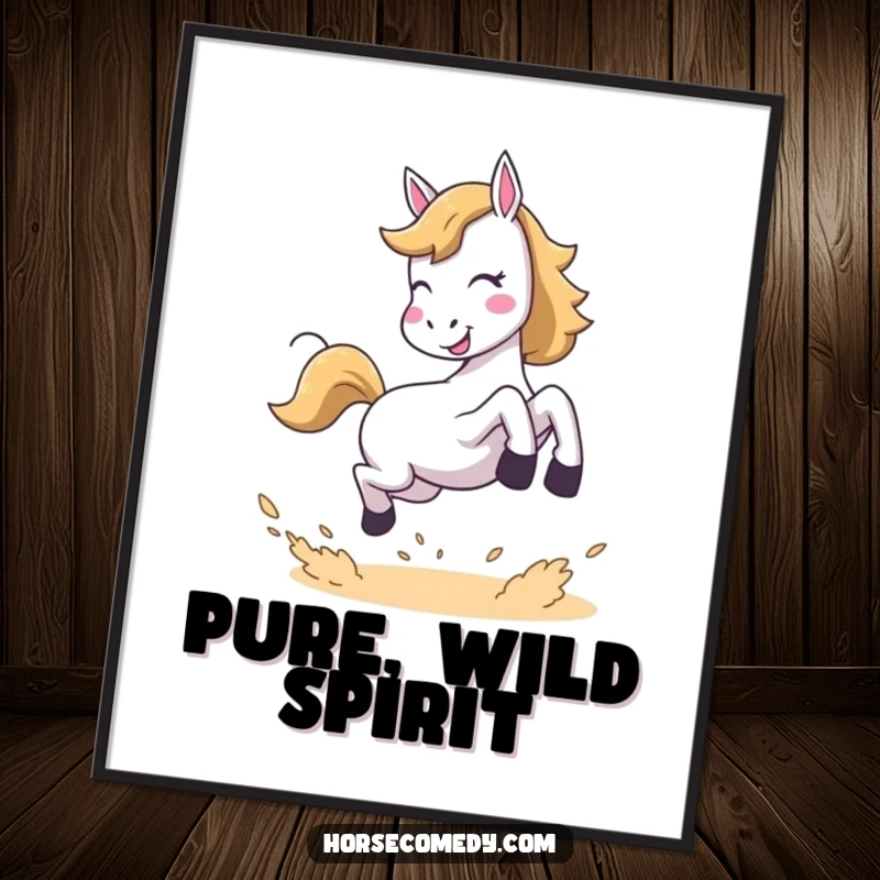 Funny poster art of a horse in a joyful leap, kicking up dust, capturing a moment of pure exhilaration and fun.