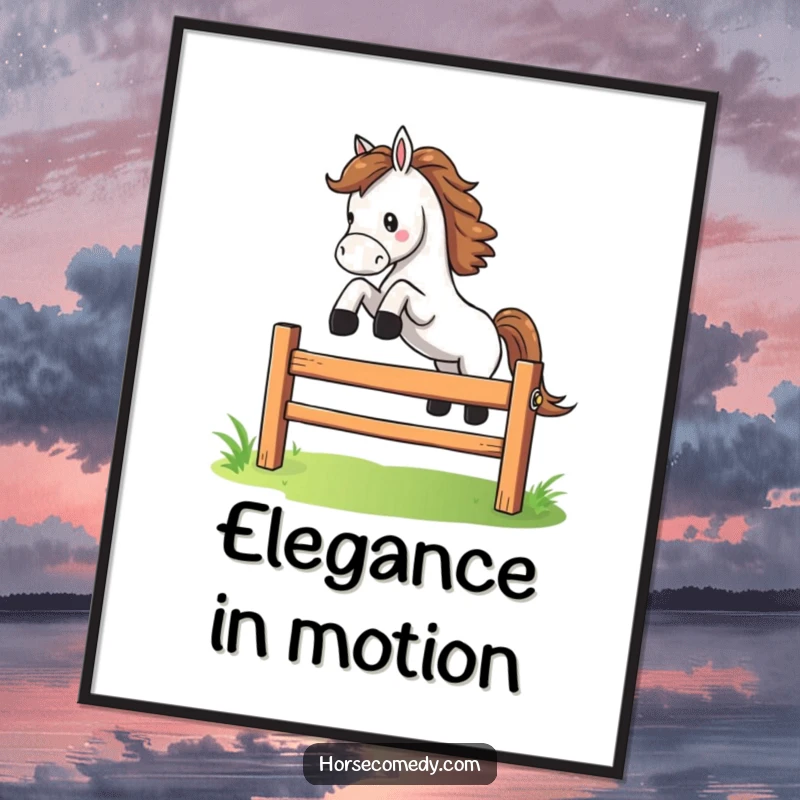 Funny horse character dramatically leaping over a small, colorful fence on a poster, a dynamic and comical piece of wall art.