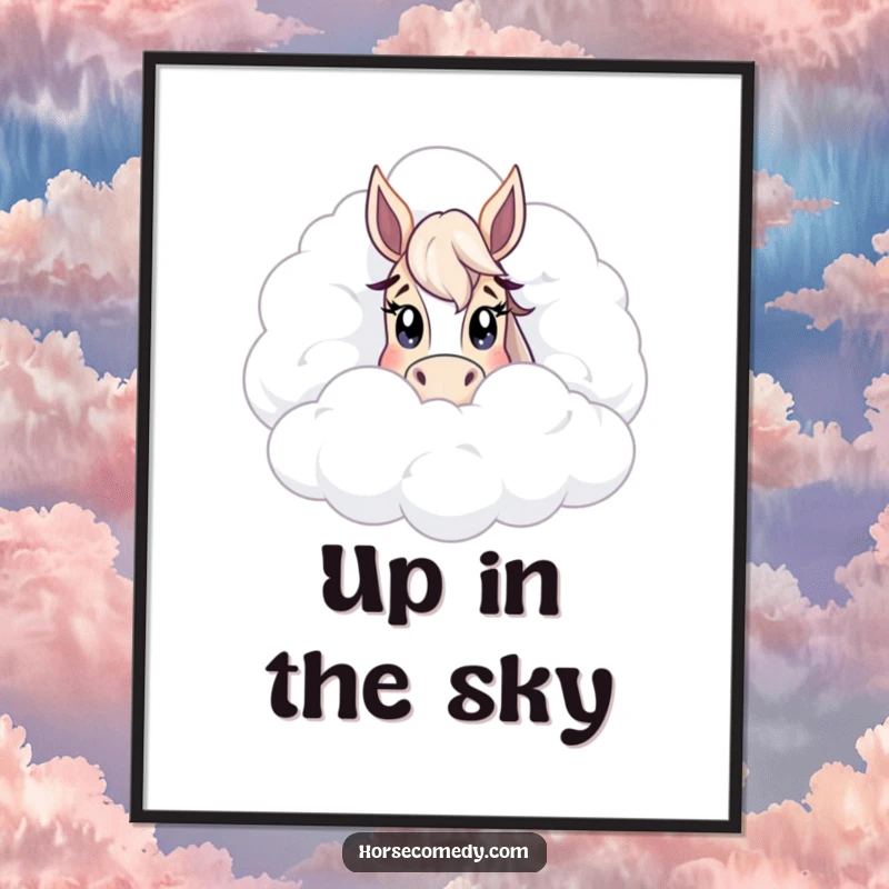 Funny peeking horse cloud poster, a charming wall art piece that captures a moment of gentle curiosity and whimsical fantasy in the sky.
