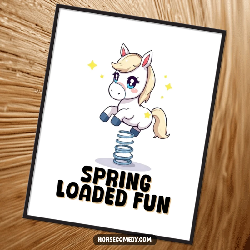 Funny horse poster, depicting a horse with stars in its eyes, precariously balancing on a bouncing spring. Energetic and whimsical.