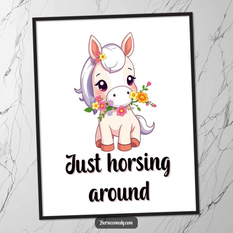 Funny poster print of a tiny horse animal holding a lush bouquet of flowers in its mouth, creating a sweet and humorous scene.