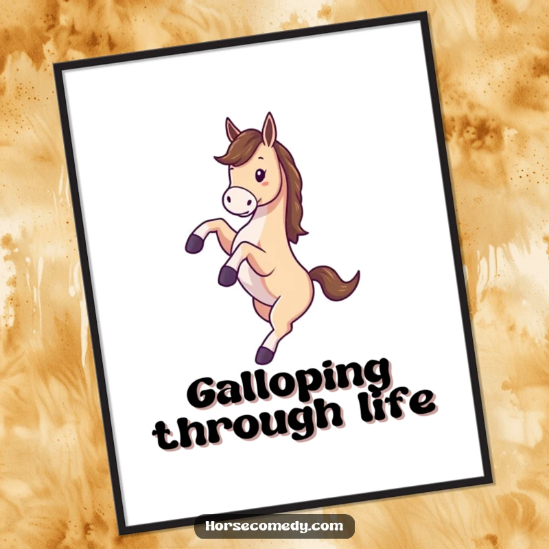 Funny poster print of a cartoon horse kicking its legs with abandon while spinning joyfully in mid-air.