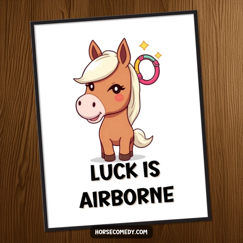 Funny poster print featuring a horse winking mischievously while launching a colorful horseshoe into the sky, for wall decor.