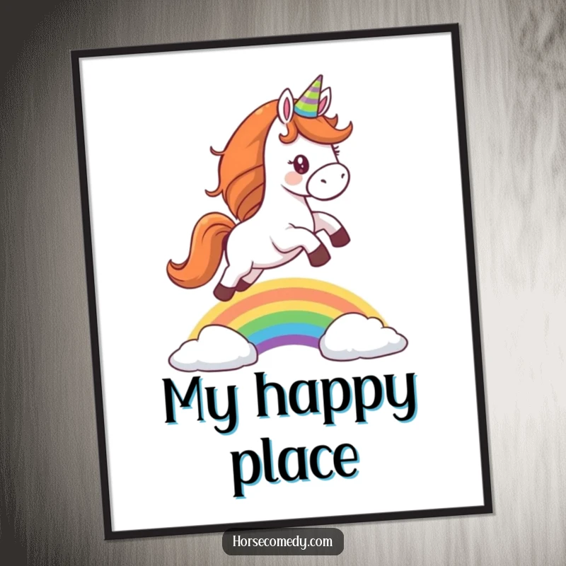 Funny poster art of a horse wearing a party hat, joyfully leaping over a vibrant rainbow, embodying celebration and magic.