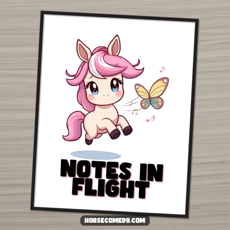 Funny poster art of a horse with twinkling eyes playfully chasing a butterfly made of musical notes, radiating joy and musical humor.