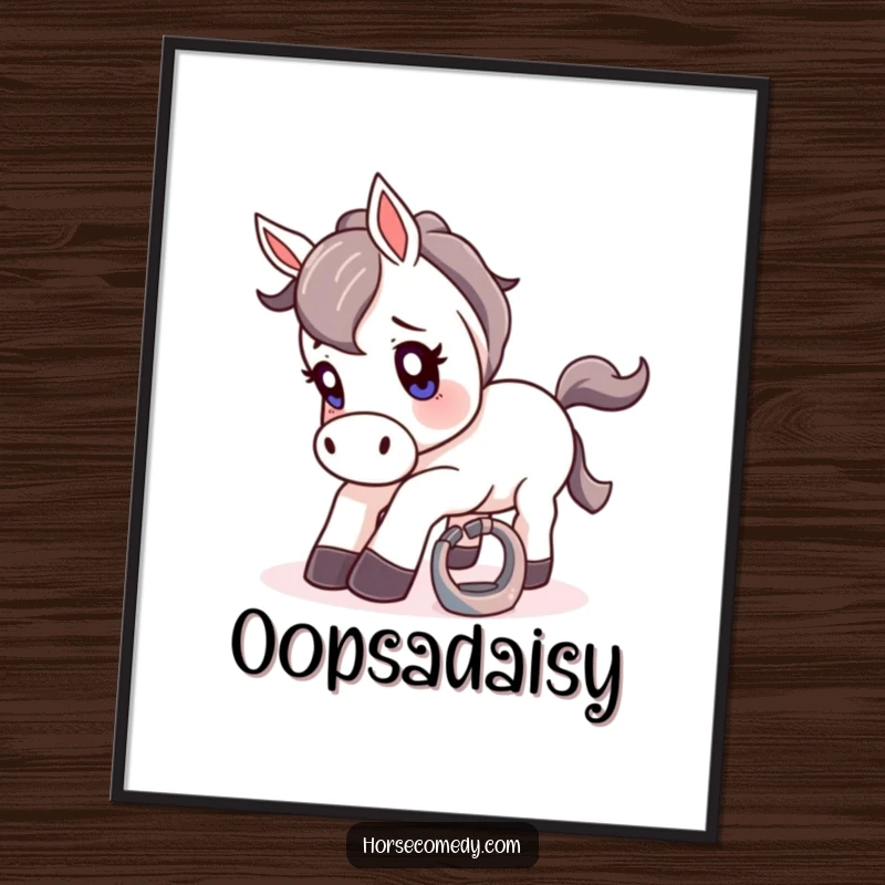 Funny poster print of a horse hilariously tripping over a tiny, gleaming horseshoe with a comically surprised expression.