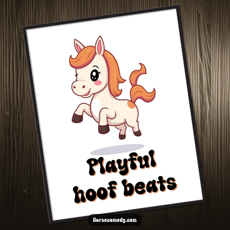 Funny Kawaii Horse Poster illustrating a cute horse joyfully neighing and kicking its heels in a playful manner.
