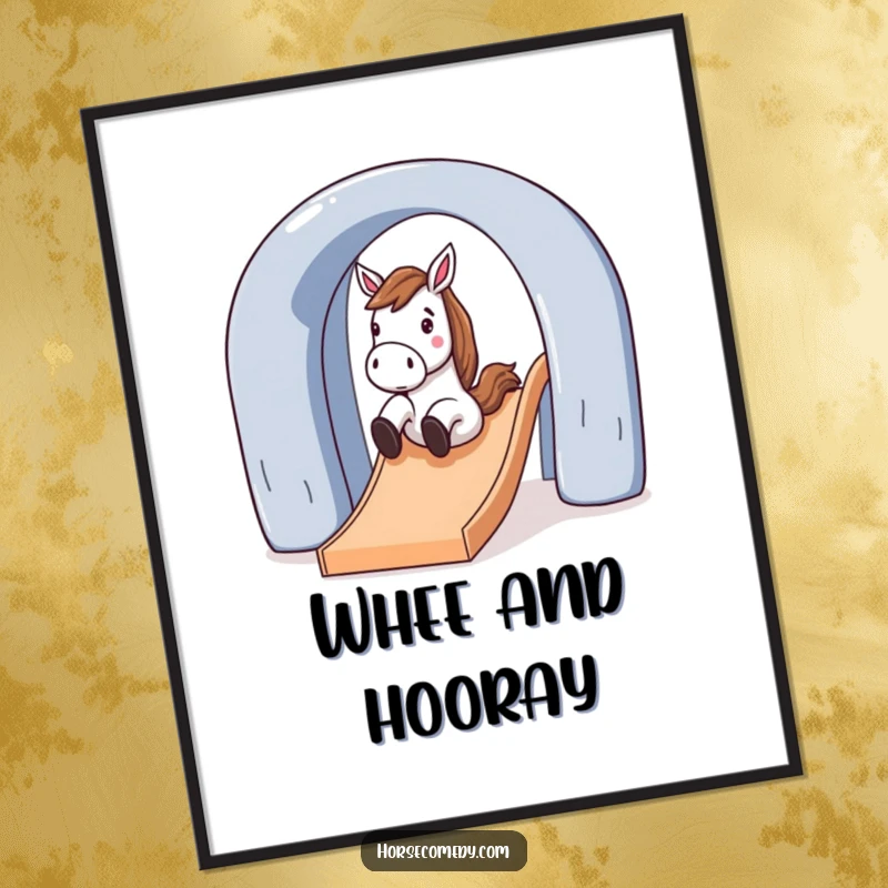 Funny horse character joyfully sliding down a large, arched slide, depicted as dynamic and humorous wall art.