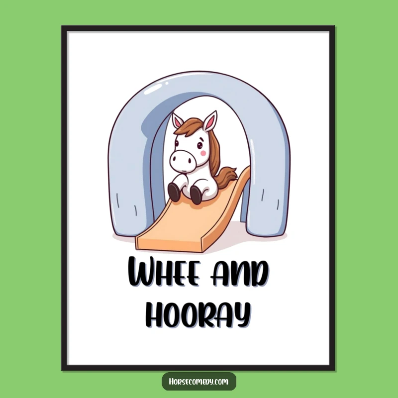 Funny Horse Sliding Down Slide Poster: Dynamic Wall Art for Playful Spaces