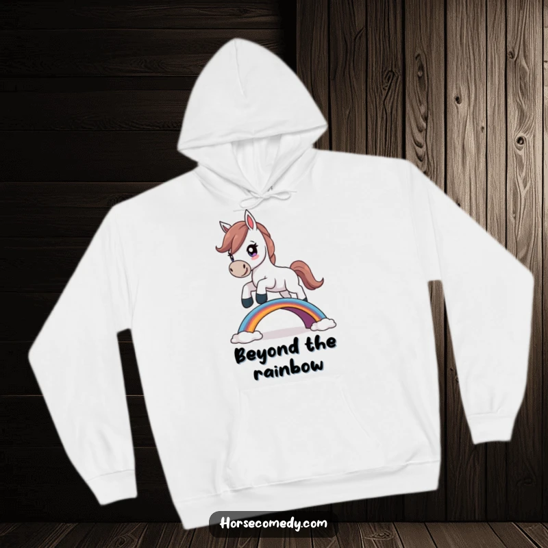 Funny Horse Hoodie showing a determined horse character soaring over a small rainbow bridge, symbolizing achievement.