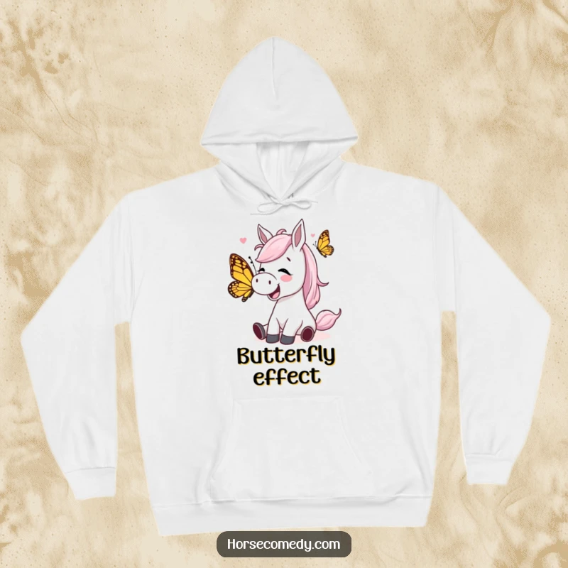 Funny horse character giggling while being tickled by a playful butterfly on a hoodie, offering cozy, comical joy and laughter.