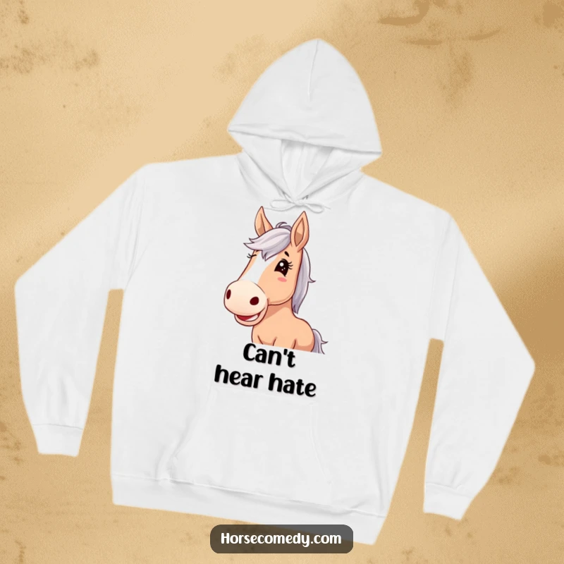Funny horse hoodie, horse with enormous floppy ears, giggling uncontrollably with pure delight and carefree happiness.