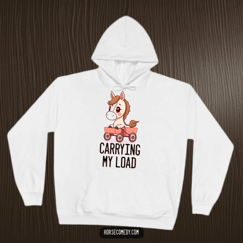 Funny hoodie design featuring a determined horse character pulling a small cart, conveying strength and a touch of humor.
