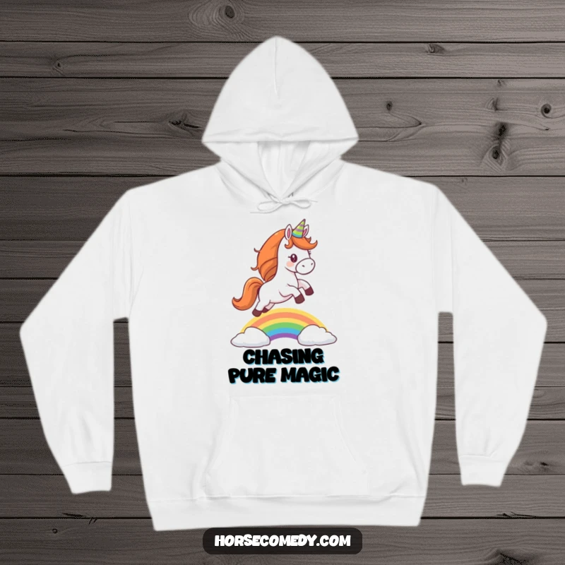 Funny hoodie design with a horse wearing a party hat, leaping over a rainbow, embodying festive joy and magic.