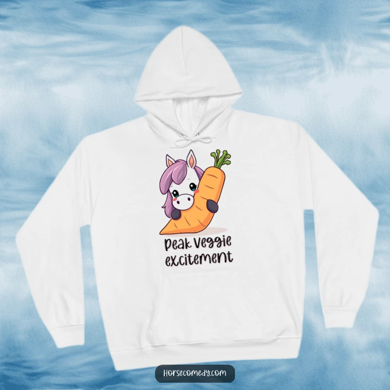 Funny horse hoodie, depicting a horse peeking over a very large, smiling carrot. Cozy and comical.