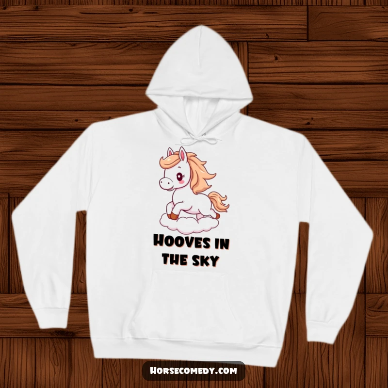 Funny horse hoodie showing a fluffy horse with a flowing mane, gallops joyfully on a cloud.