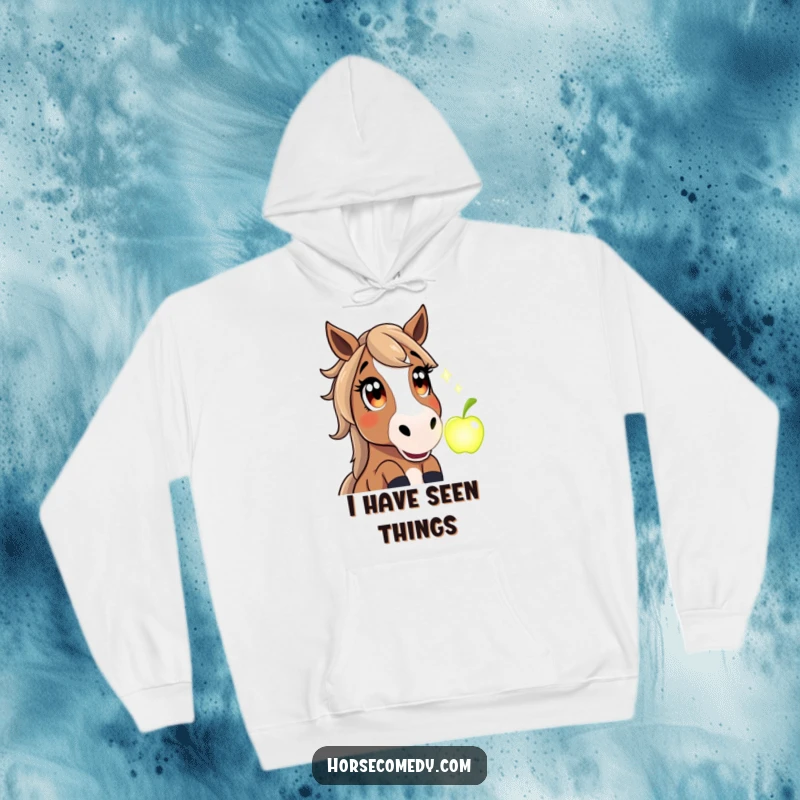 Funny hoodie with a horse character looking utterly amazed at a brightly glowing magical apple, perfect for fantasy fans.
