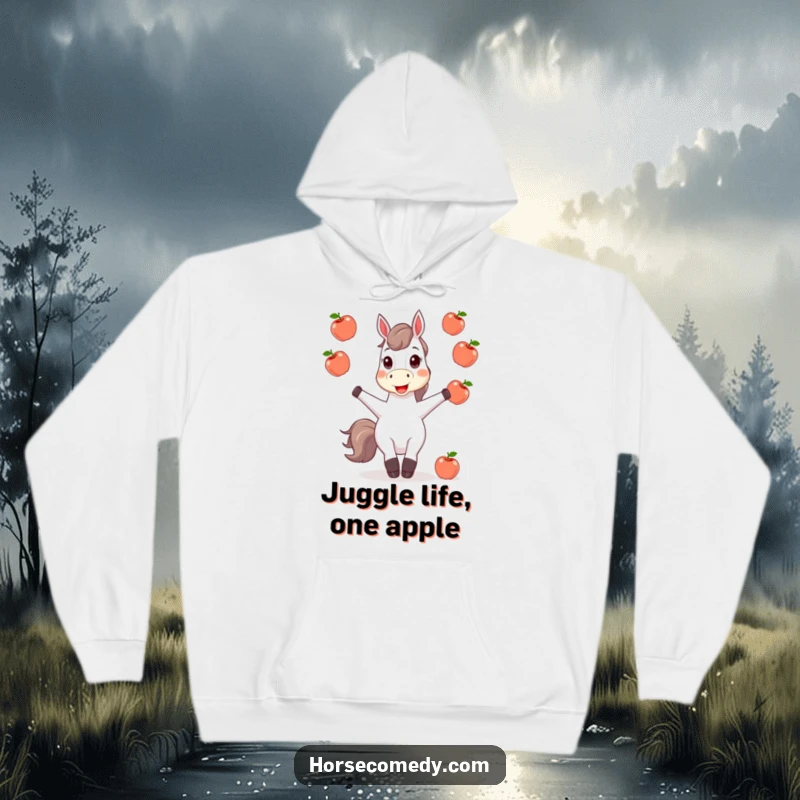 Funny horse character in mid-juggle with shining apples, printed on a cozy hoodie, offering warmth and amusement.
