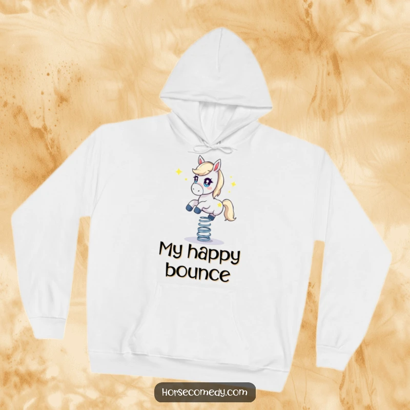 Funny horse hoodie, depicting a starry-eyed horse balancing on a coiled, bouncing spring. Cozy and comical.
