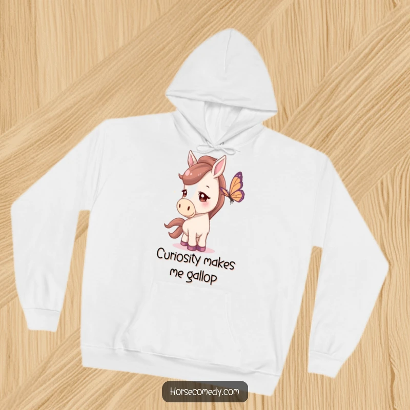 Funny Hoodie featuring a horse with a curious head tilt, watching a butterfly, offering cozy and comical warmth.