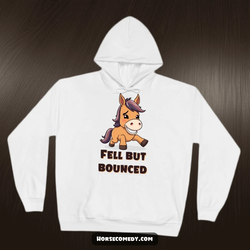 Funny horse hoodie, character taking a small tumble, then flashing a big, goofy grin, embodying resilience and lightheartedness.