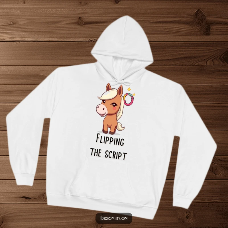 Funny hoodie graphic of a horse with a playful wink, tossing a brightly colored horseshoe into the air, for cozy wear.