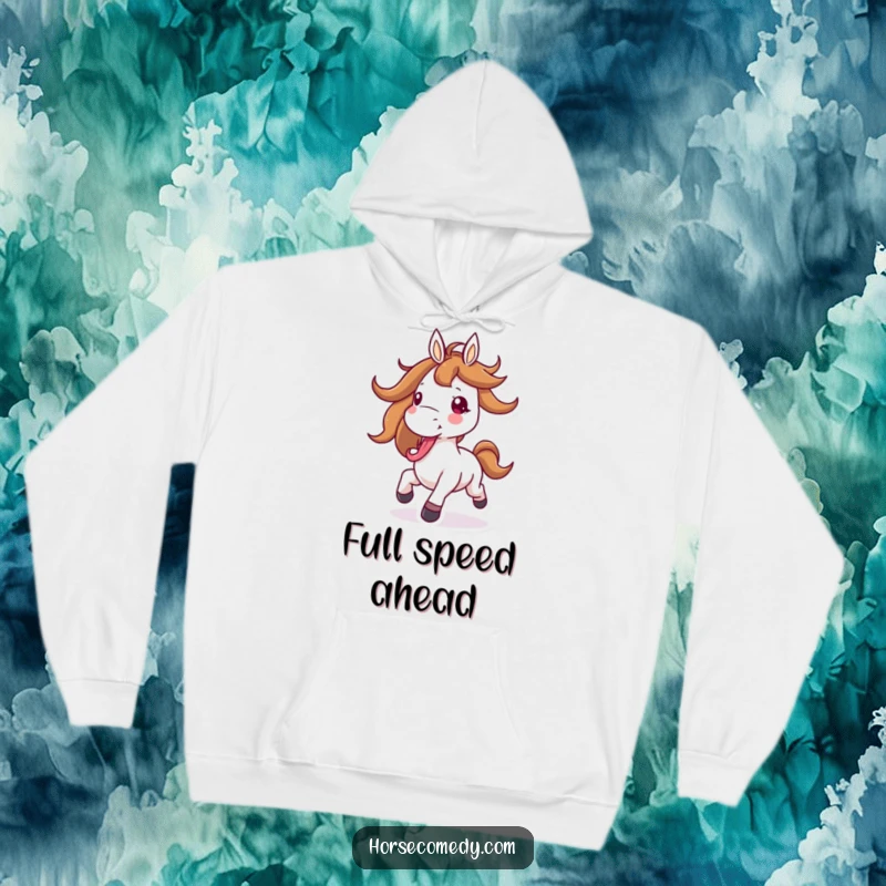Funny horse hoodie featuring a horse character galloping with its mane joyfully flying and tongue sticking out, radiating excitement.