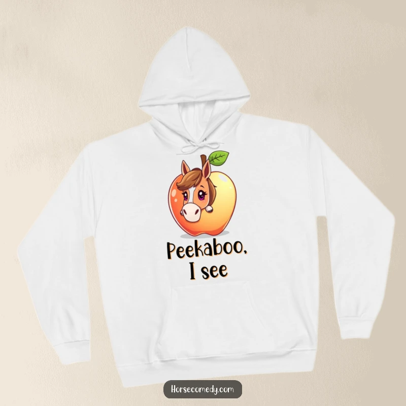 Funny horse character peeking from behind a giant, sparkling apple with a curious gaze on a hoodie, offering cozy, whimsical exploration.