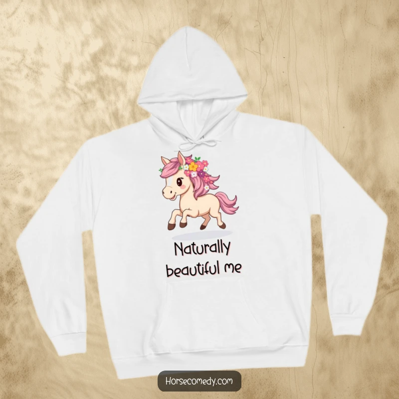 Funny hoodie design featuring a horse joyfully galloping, its mane creatively adorned with a lush arrangement of flowers.