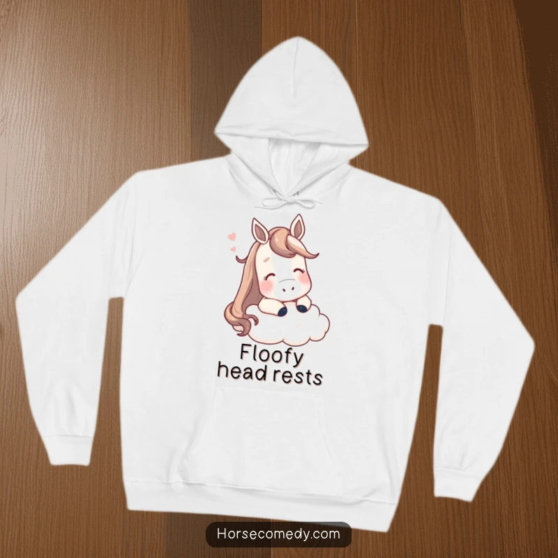 Funny horse hoodie, a contented horse finding comfort resting its head on a fluffy cloud, soft and humorous.