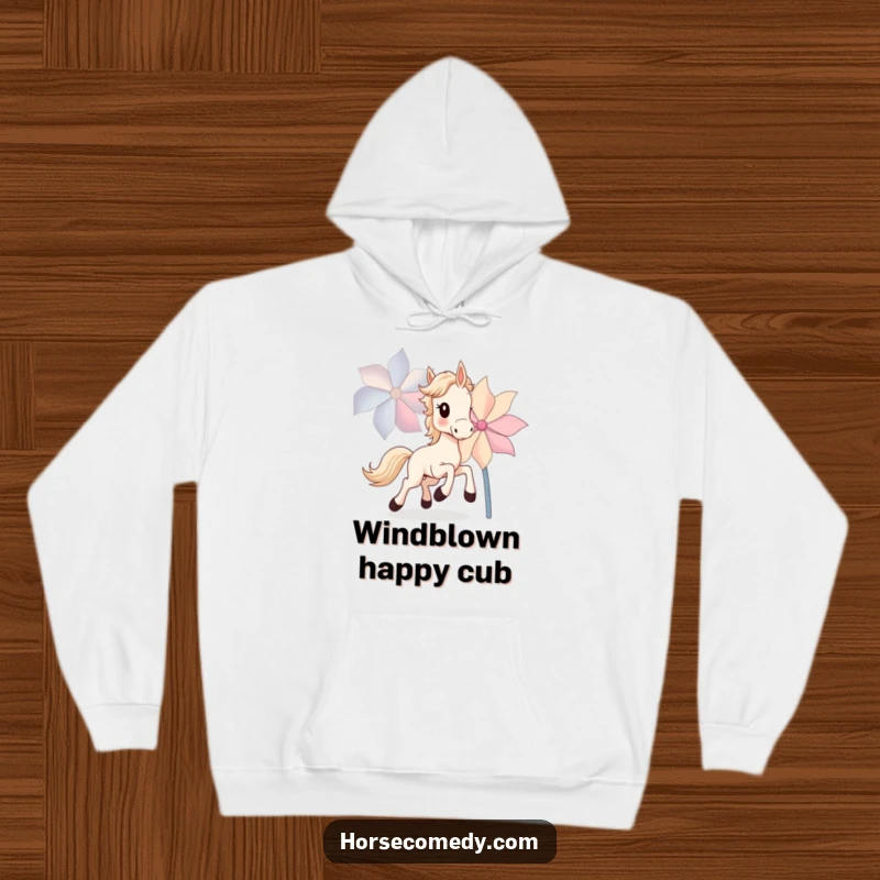 Funny Horse Cub Hoodie showing a small horse cub joyfully pursuing a large, spinning pinwheel with pure excitement.