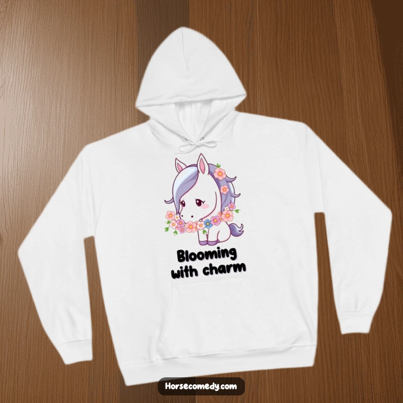 Funny Horse Flower Garland Hoodie with a horse nuzzling a flower garland, designed for ultimate comfort and to evoke a sense of calm and natural beauty.
