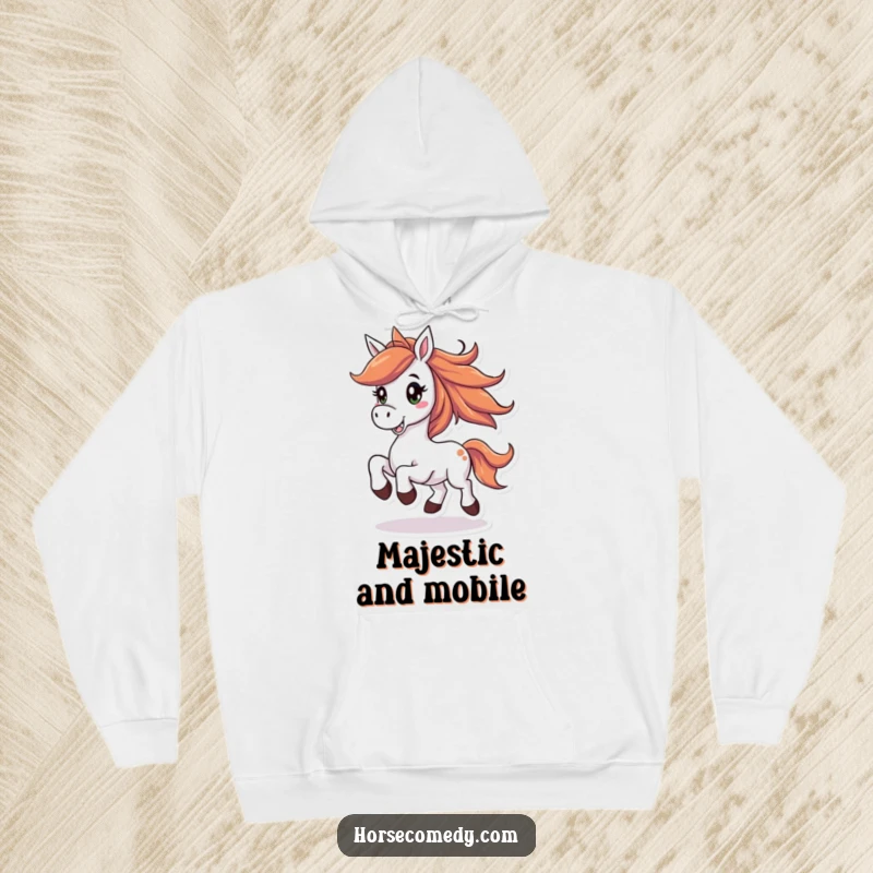 Funny horse hoodie with a joyful horse, flowing mane, prancing with a big smile, conveying freedom and happiness.