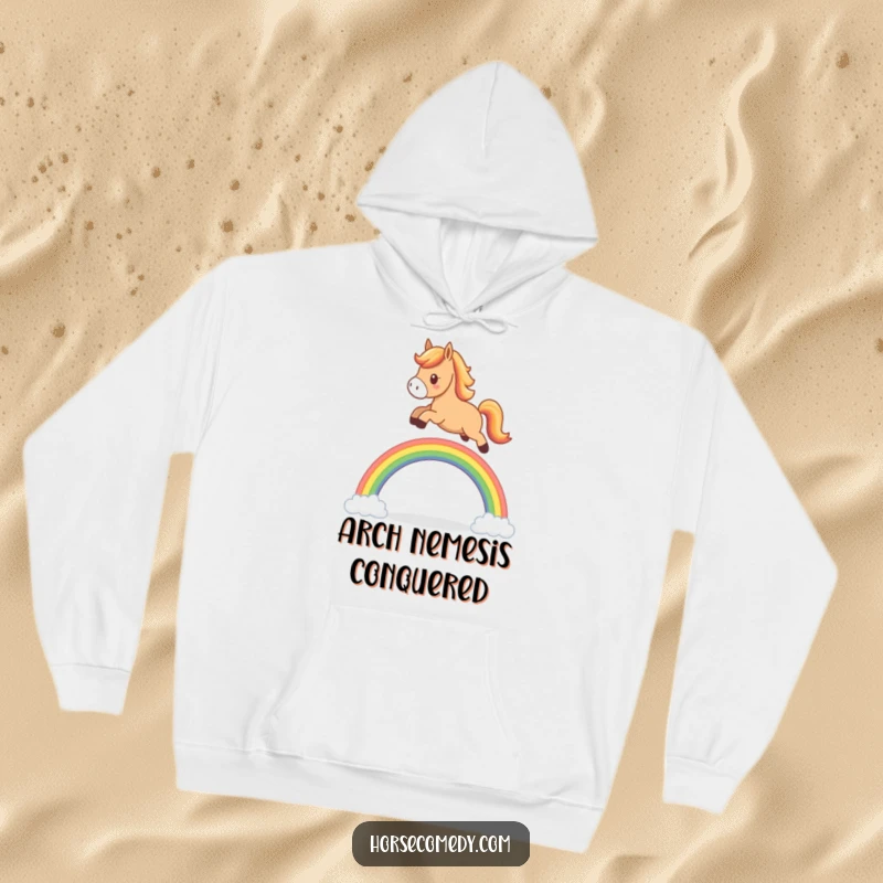 Funny horse hoodie, cute character leaping over a miniature rainbow arch, radiating joy and playful energy.