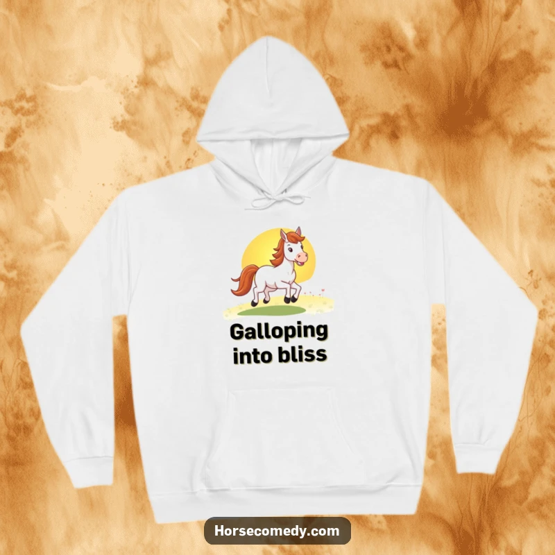 Funny horse hoodie showcasing a happy horse galloping energetically towards a spectacular sunset, radiating warmth and a sense of freedom.