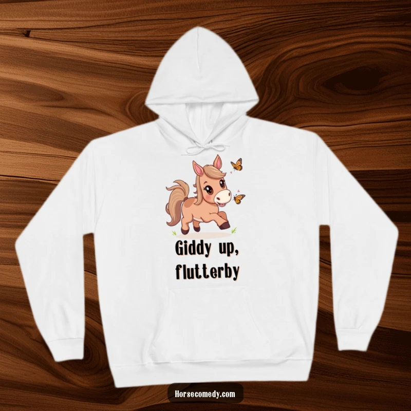 Funny Horse Butterfly Chase Hoodie with a horse joyfully chasing a butterfly, designed for comfort and spreading cheerful vibes.