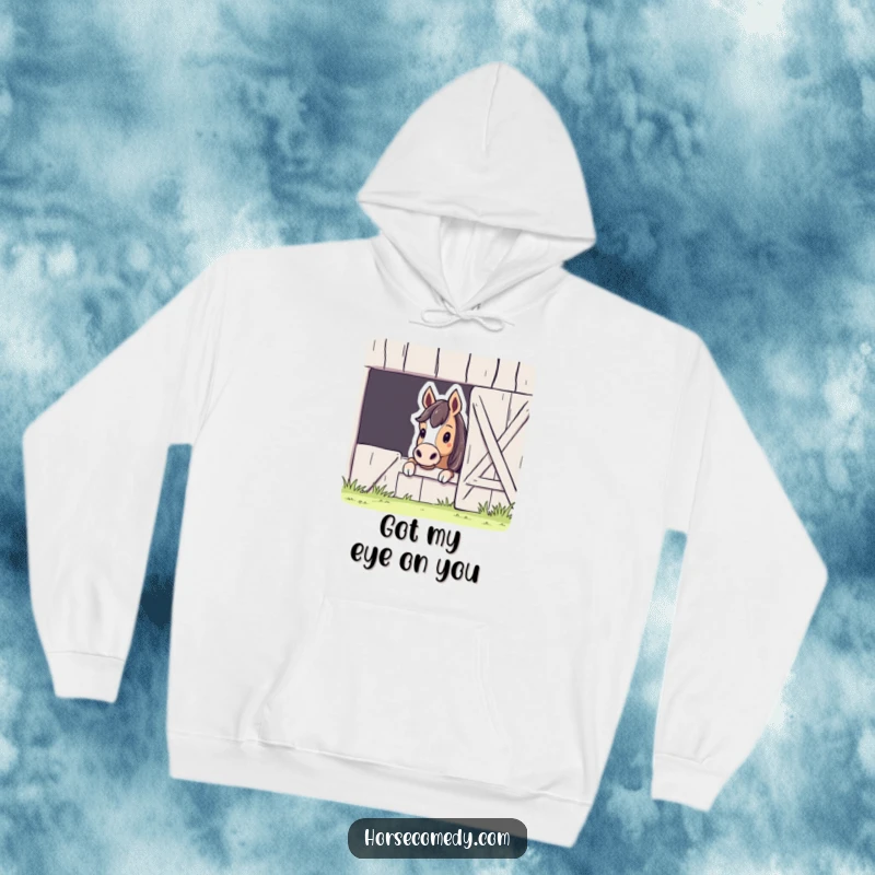 Funny Horse Barn Peek Hoodie depicting a curious horse peeking from a barn, embodying playful intrigue and comfort.
