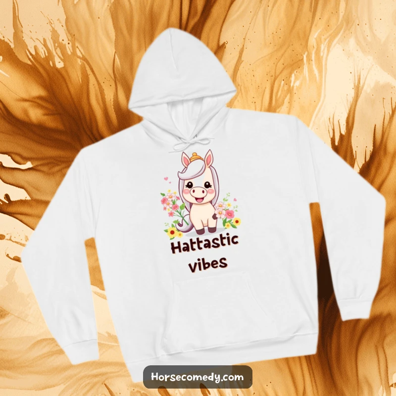 Funny hoodie graphic of a smiling horse wearing a comical hat and holding a bouquet of flowers, for cozy comfort.
